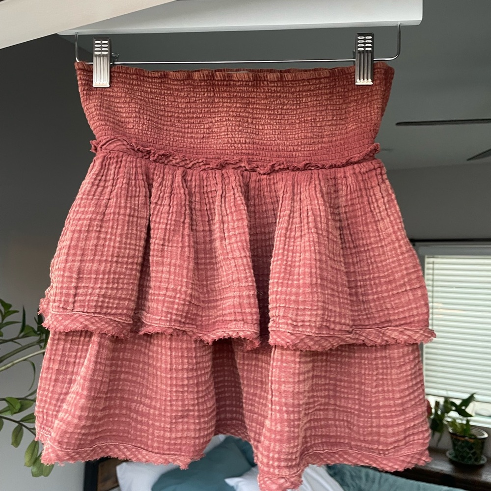 Anthropologie Red-Maroon Skater Mini Skirt Smocked Tiered Casual - Picture 5 of 8